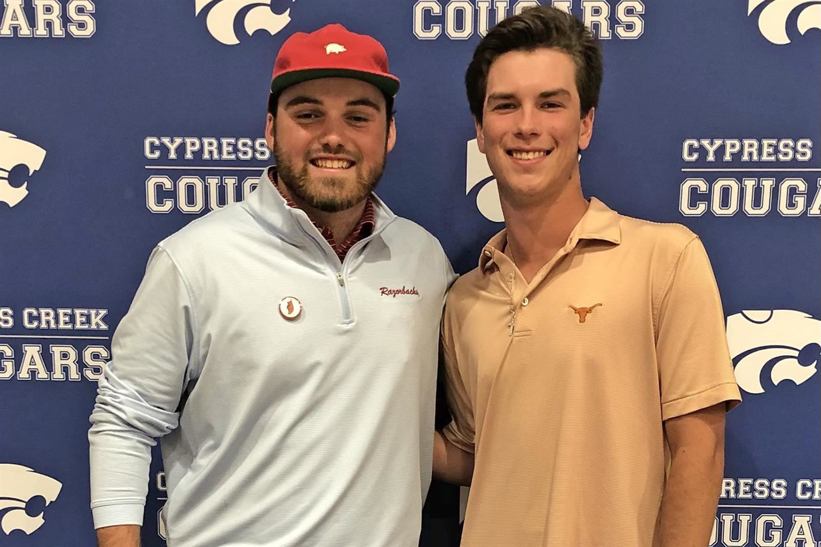 Cypress Creek High School seniors Rex Hargrove, left, and Jackson Gilbert smile after signing their letters of intent.
